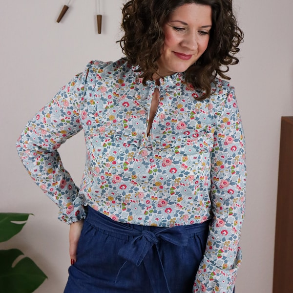 Blouse Belaria avec lien et volants au col, manches longues, Liberty London, fleurs