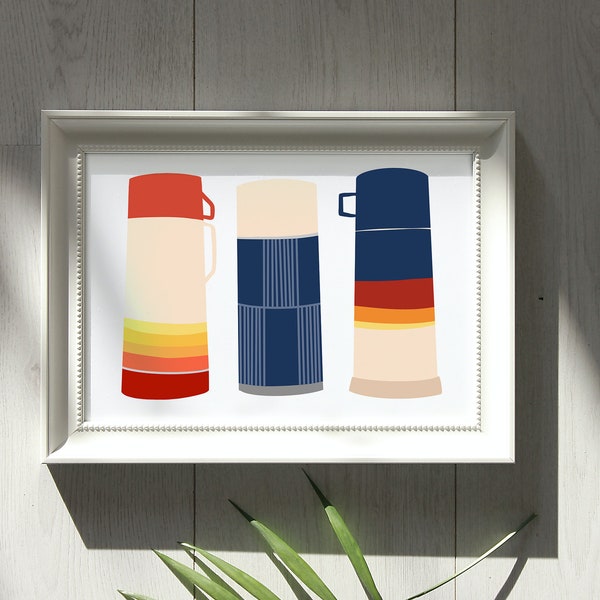 Vintage Thermos Art Print Blues and Oranges Instant Download | Retro Mid Century Modern Coffee Kitchen Dining Room