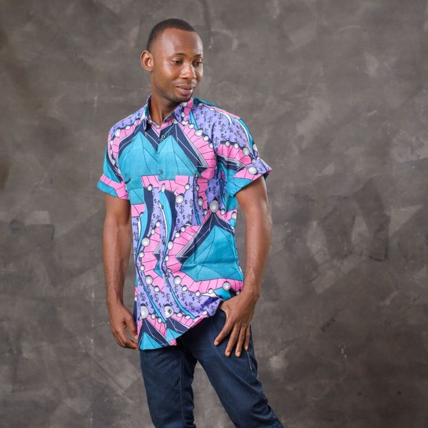 Ankara African Wax Print Men's Short Sleeve Shirt