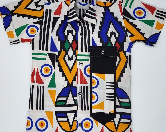 Boys African Traditional Ankara Tribal Print Slim Fit Short Sleeve Shirt