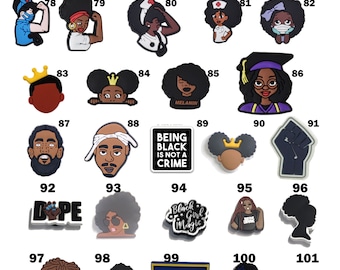 May include: A set of 20 colorful shoe charms featuring various designs related to Black culture, including Black Girl Magic, melanin, and a raised fist. The charms are made of a soft, flexible material and are perfect for adding a personal touch to your shoes.