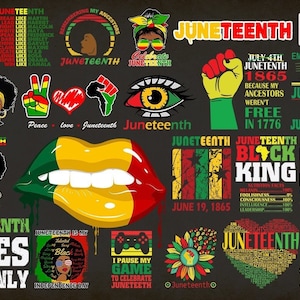 May include: A digital download bundle of Juneteenth themed graphics. The graphics feature a variety of designs, including text, illustrations, and a heart with the words "Peace love Juneteenth".