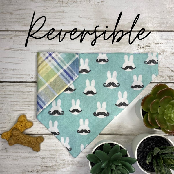 Dog Bandana - Easter Dog Bandana - Over the Collar Bandana - Reversible - Personalized - Bunny Mustache- Dog Accessories - Dog Neckerchief