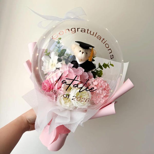 Graduation Teddy Bear Flower Balloon Bouquet: Personalized Gift