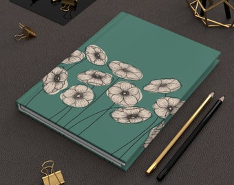 Anemone Line Art Hardcover Journal, teal, flower notebook