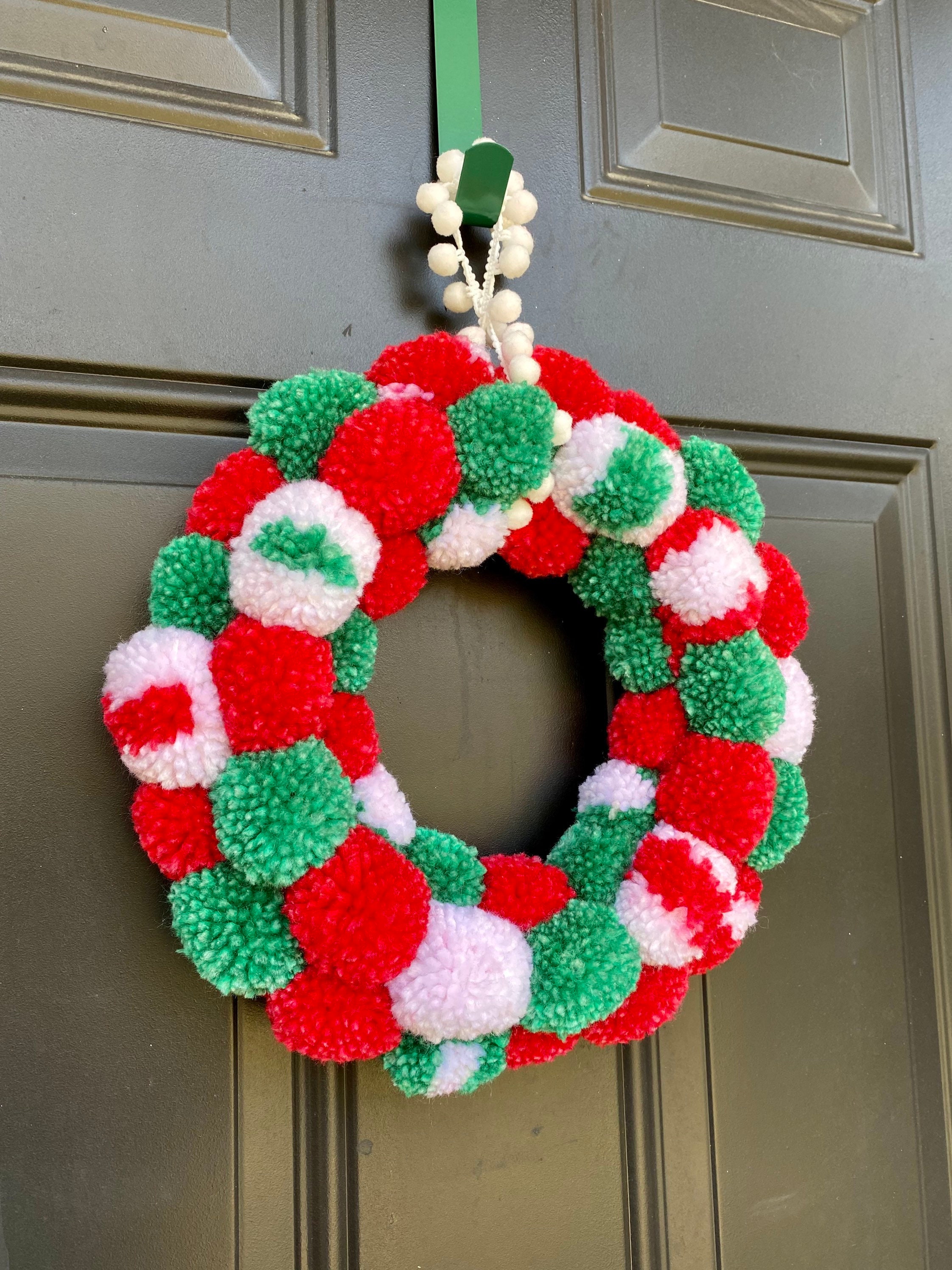 Christmas Wreath Large Pom Poms Red White Gray 16” Handmade