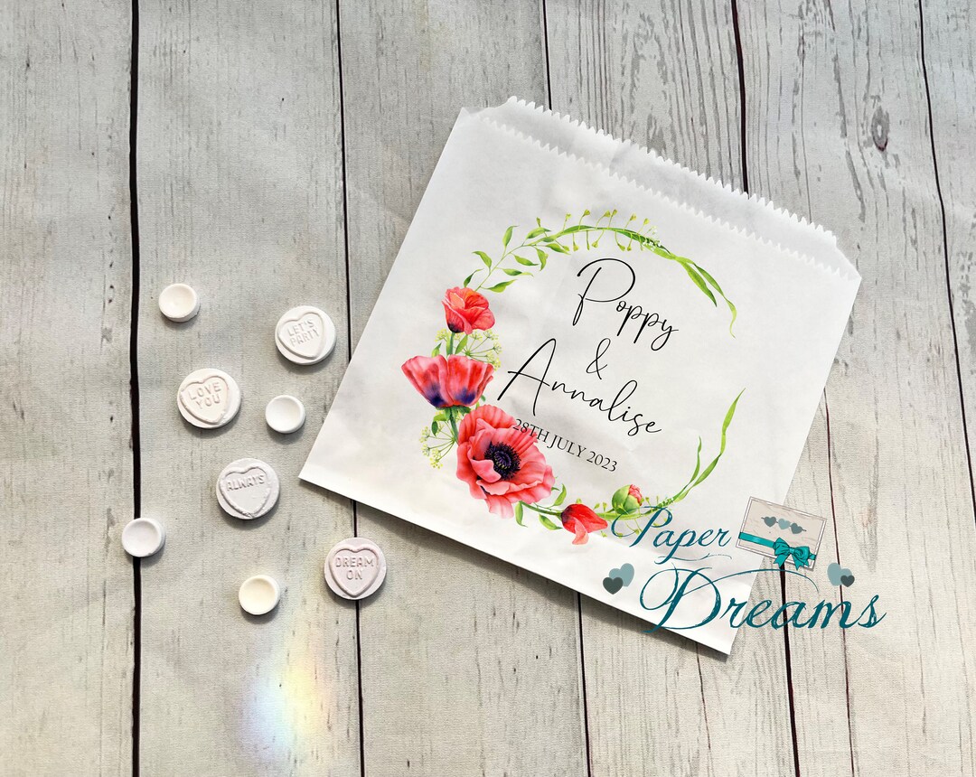 Personalised Wedding Sweet Bags candy Cart Favour Bags red Poppy and