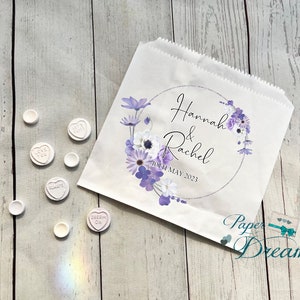 Personalised Wedding Sweet Bags -Candy Cart Bags -Purple/Lilac Flowers And Silver Frame  Design -Wedding Favour Gifts -Custom Sweet Bags