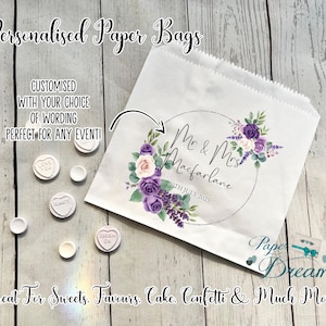Personalised Wedding Sweet Bags -Candy Cart Favour Bags -Purple Rose, Lavender Flower Design Wedding Favour Gifts -Custom -Sweet Table, Cake