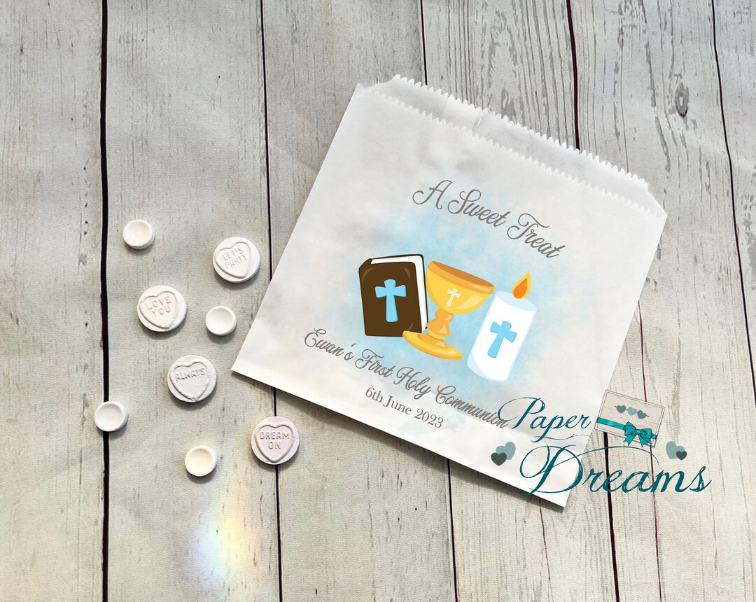 Personalised Blue First Holy Communion Sweet Bags Candy Cart Bags ...