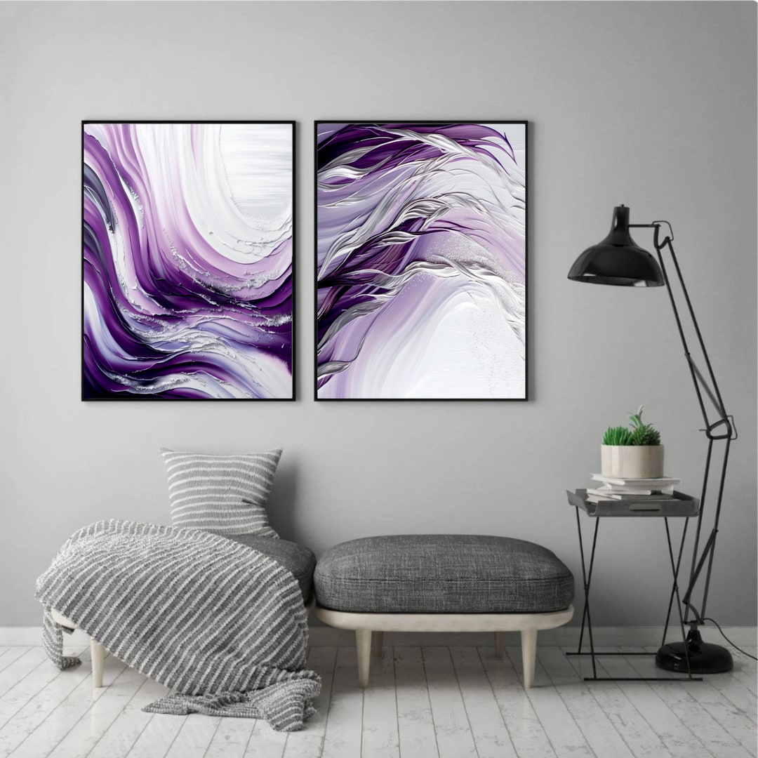 Set of 2 Large Purple Abstract Art Print, Watercolor Painting Gifts for Her, Brush Stroke Art