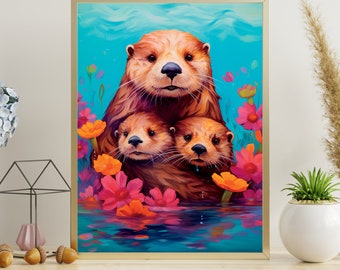 Mom otter and her babies Art Print Animal watercolor print Gift for animal lovers Colorful Otters Print Three otters wall art print