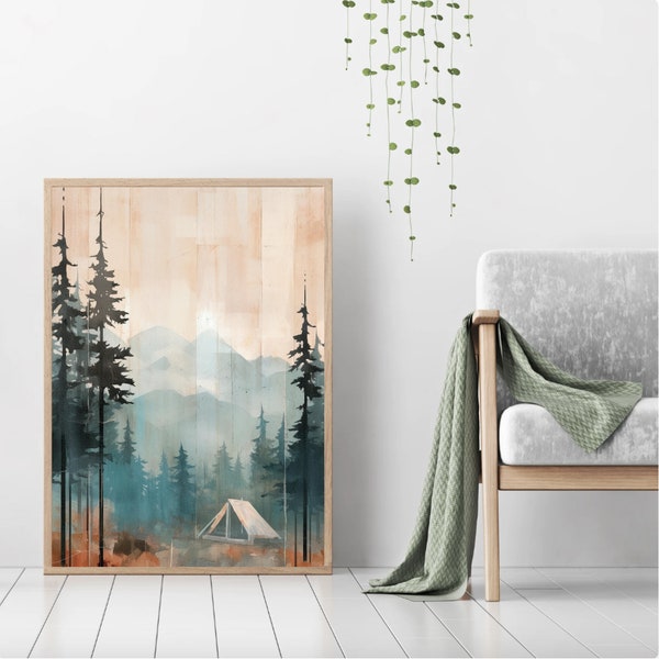 Peaceful Nature art print, Minimalist Landscape Wall art, Camping Wall Art Print, Watercolor Camping Painting, Camping printable