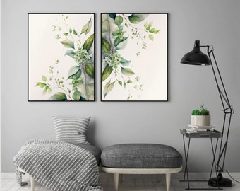 Botanische Aquarell Print Art Set 2 Art Prints Grün Wand Art Print Bauernhaus Wand Dekor Minimalistische Blätter Art Print Herb Printable