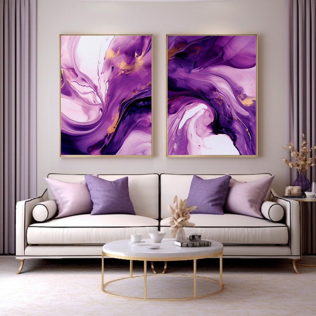 Set of Two Purple Wall Art Printable Purple Gold Wall Art Abstract
