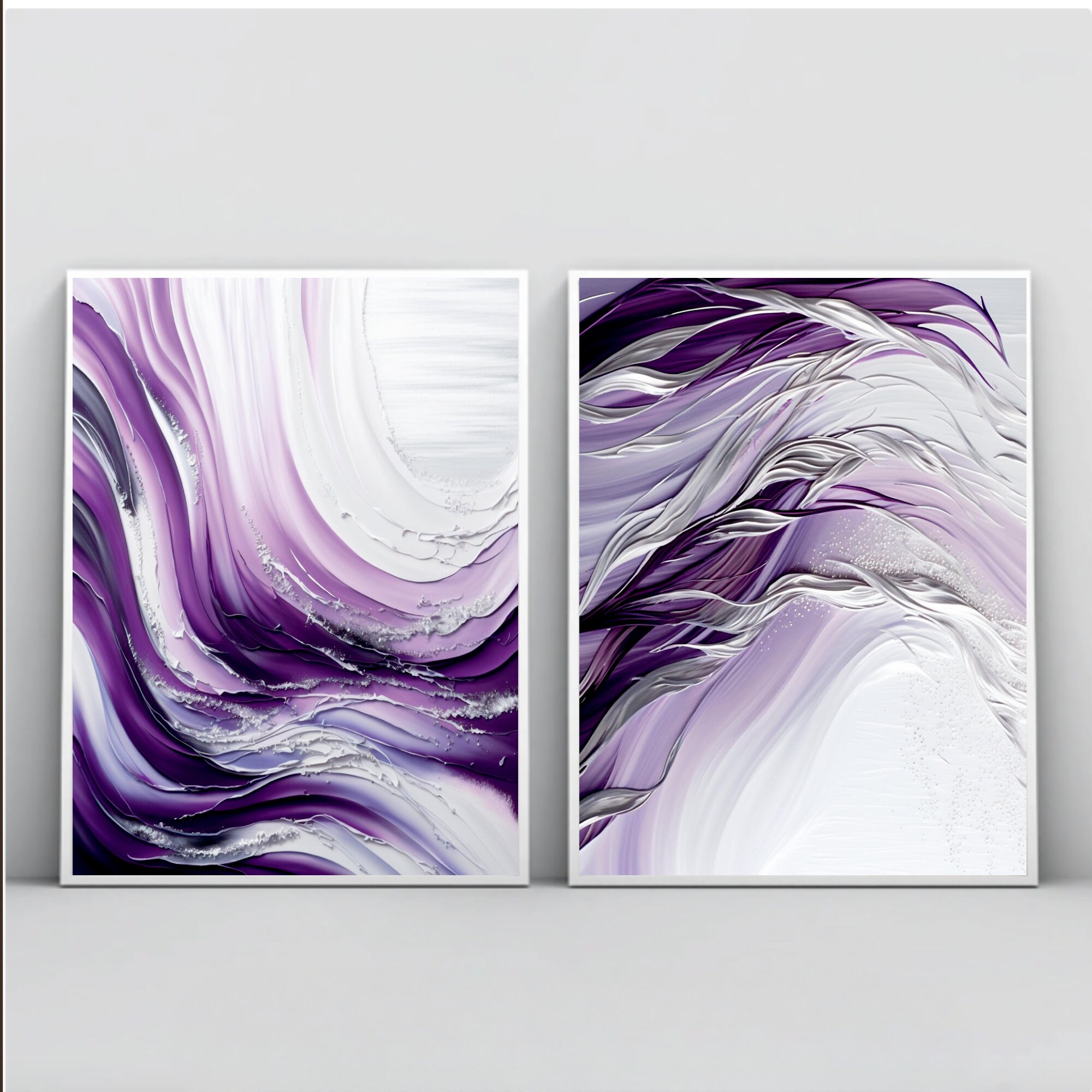 Set of 2 Large Purple Abstract Art Print, Watercolor Painting Gifts for Her, Brush Stroke Art