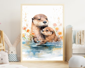 Mom and baby otter print mother otter hug her baby poster lovely otters print Baby room decor Gift for animal lovers Animal prints