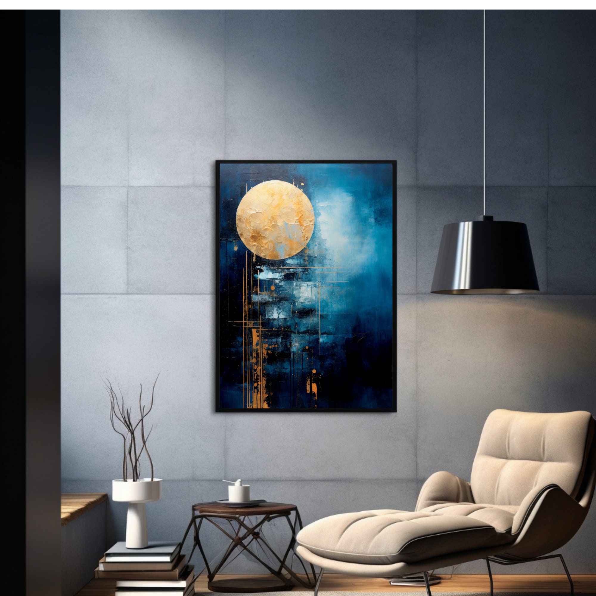 Moon Art Printable, Dark Blue Wall Decor, Modern House Wall Decor Art