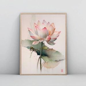 Lotus Flower Watercolor Painting, Botanical Art Print, Vintage Floral Wall Art, Printable Wall Art, Japanese Lotus Art Print