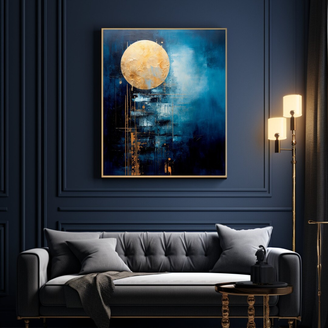 Moon Art Printable, Dark Blue Wall Decor, Modern House Wall Decor Art