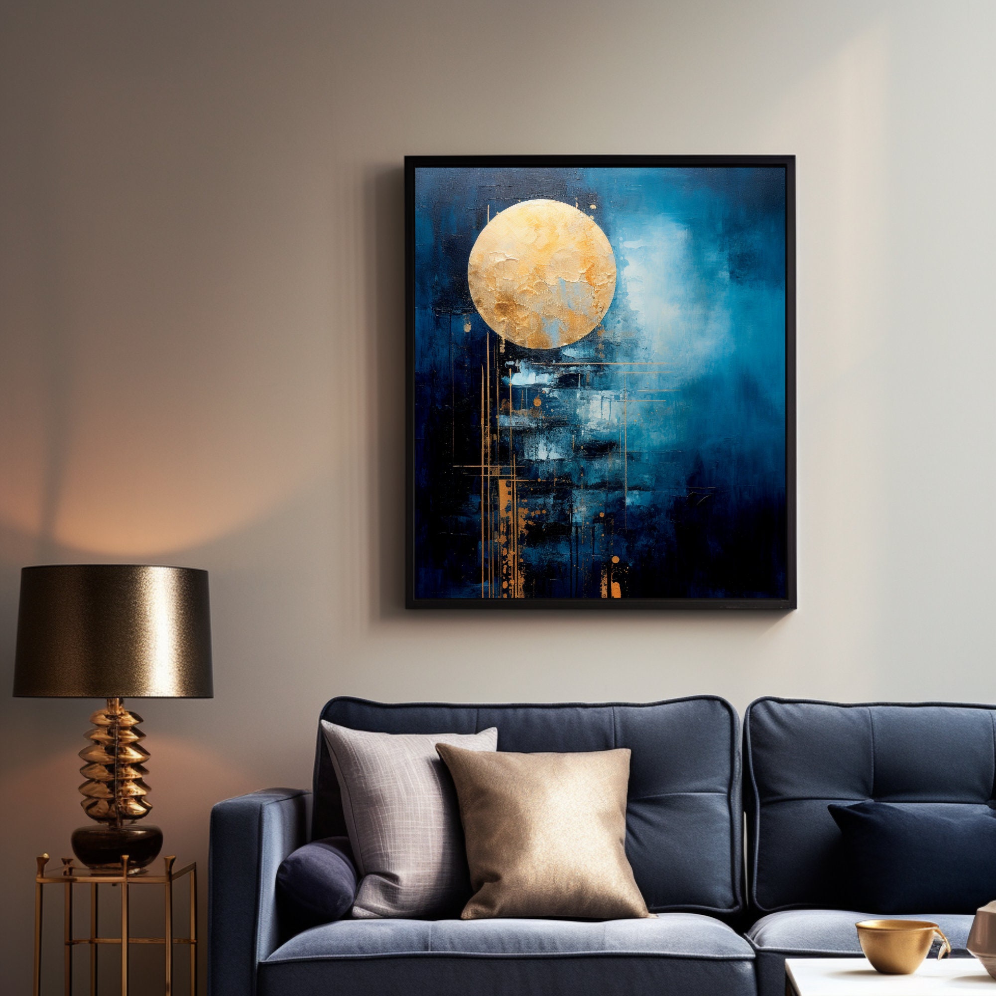 Moon Art Printable, Dark Blue Wall Decor, Modern House Wall Decor Art