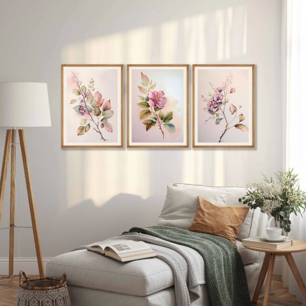 Set of 3 Flowers Art Print Gifts for Her Botanical Watercolor Print Watercolor Flowers, Farmhouse Wall Decor,Large Wall Art Prints set of 3