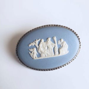 Vintage Wedgwood Sterling Silver Jasperware Blue Brooch - 1 in by 1 5/8 in - English scene