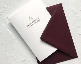 Time Flies & Love Soars Gold Foiled Valentine's Card, Wenskaart, Verjaardagskaart, Minimale Valentijnskaart