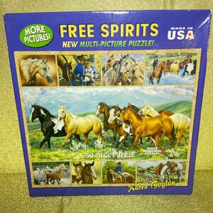 May include: A boxed 750-piece jigsaw puzzle titled "Free Spirits" featuring multiple images of horses in various settings. The puzzle box is blue with the text "Made in USA" and the artist's name, Karen Boylan.