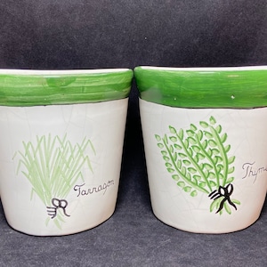 Vtg. Garden Herb Tarragon & Thyme Pots Handmade  Painted Glazed Pottery~Portugal