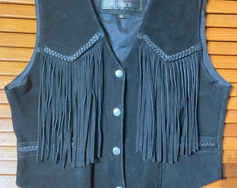 Bikers Choice~Black~ Suede Leather~Fringed~Braided~2 Pockets~Size M~Vest~Snap Front / Good Condition*