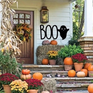 Boo with Ghost Metal Sign | Fall Front Porch Decor | Halloween Metal Wall Signs | Autumn Door Decor | Ghost Sign For Front Porch |Scary Sign