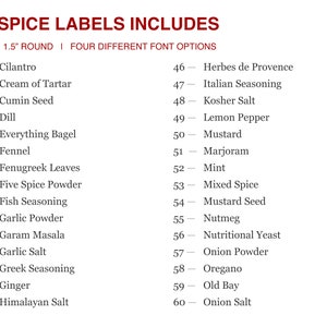 K&ouml;nnte beinhalten: Eine Liste mit 90 Gew&uuml;rz-Etiketten, jedes mit einer Nummer und dem Namen des Gew&uuml;rzes. Die Etiketten sind 3,8 cm rund und in vier verschiedenen Schriftarten erh&auml;ltlich. Die Liste umfasst Gew&uuml;rze wie Koriander, Kreuzk&uuml;mmelsamen, Dill, Alles-Bagel, Fenchel, Knoblauchpulver und mehr.