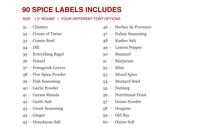 K&ouml;nnte beinhalten: Eine Liste mit 90 Gew&uuml;rz-Etiketten, jedes mit einer Nummer und dem Namen des Gew&uuml;rzes. Die Etiketten sind 3,8 cm rund und in vier verschiedenen Schriftarten erh&auml;ltlich. Die Liste umfasst Gew&uuml;rze wie Koriander, Kreuzk&uuml;mmelsamen, Dill, Alles-Bagel, Fenchel, Knoblauchpulver und mehr.