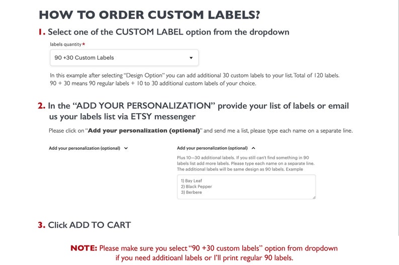K&ouml;nnte beinhalten: So bestellen Sie benutzerdefinierte Etiketten. W&auml;hlen Sie die Option "90 + 30 benutzerdefinierte Etiketten" aus dem Dropdown-Men&uuml;. Geben Sie eine Liste mit Etiketten an oder senden Sie Ihre Liste &uuml;ber Etsy Messenger. Klicken Sie auf "In den Warenkorb legen". Hinweis: Bitte stellen Sie sicher, dass Sie die Option "90 + 30 benutzerdefinierte Etiketten" aus dem Dropdown-Men&uuml; ausw&auml;hlen, wenn Sie zus&auml;tzliche Etiketten ben&ouml;tigen, andernfalls drucke ich 90 Standard-Etiketten.