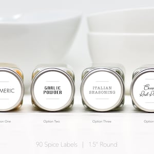 90 regular + 30 custom (1.5" Round) Modern Spice Labels • Durable, Waterproof & Oil Resistant Labels • Permanent Adhesive • Spice Jar Labels