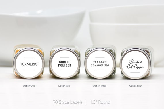 90 regular + 30 custom (1.5" Round) Modern Spice Labels • Durable, Waterproof & Oil Resistant Labels • Permanent Adhesive • Spice Jar Labels