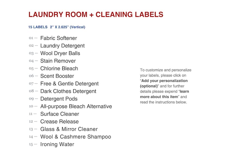 Cuarto de lavado moderno Etiquetas de limpieza 12 o 15 etiquetas duraderas e impermeables Adhesivo permanente Etiquetas personalizadas o estándar Etiquetas modernas imagen 4