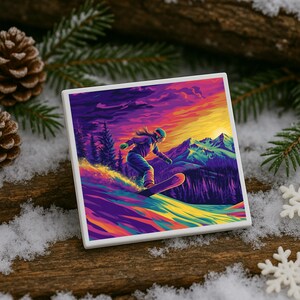Könnte beinhalten: Quadratische Keramikfliese mit einer lebendigen Illustration eines Snowboarders auf einer Berghang. Das Kunstwerk verwendet eine Palette aus Lila, Gelb und Grün und zeigt eine Sonnenuntergangsszene. Der Snowboarder trägt einen lila Anzug und einen Helm.