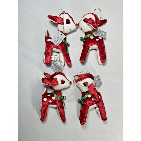 4 pc Red Retro Plush Deer Ornament Valentine Decor 5.5" Elf Jingle Bell Reindeer