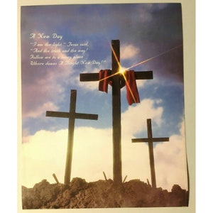 Easter Cross Poster Christian Litho A New Day Poem Print Verse 16x20 1990 12879