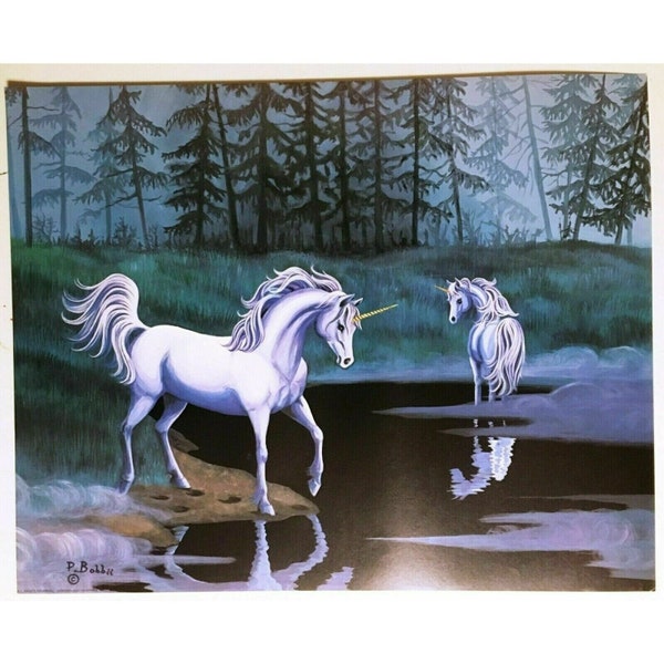 Fantasy Unicorn Poster White on Moonlit Lake Lithograph Print Wall Art Castle