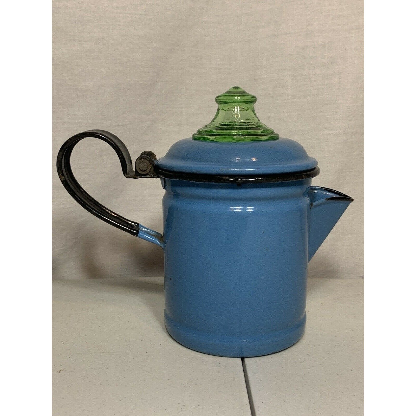 Blue Enamelware Coffee Pot with Green Glass Percolator Lid Etsy
