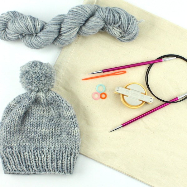 Beginner Knit kit, Beanie Knitting Kit, Hat Knitting Kit, Beanie knit hat, Hand dyed yarn, Grey