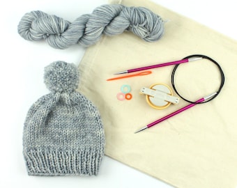 Learn to Knit Hat Kit with Hand-Dyed Grey Merino Yarn