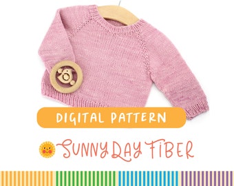 May include: A pink knitted baby sweater with a wooden toy on the front. The sweater is hanging on a wooden hanger. The text "DIGITAL PATTERN" is on a yellow banner below the sweater. The text "SUNNY DAY FIBER" is below the banner.