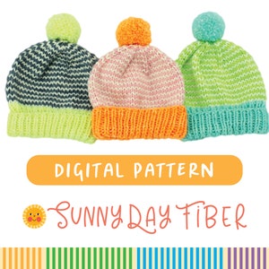 EASY KNITTING PATTERN: Classic Beanie with Stripes Knit Hat Pattern in 5 sizes