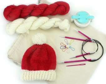 Beginner Knit kit, Beanie Knitting Kit, Hat Knitting Kit, Beanie knit hat, Hand dyed yarn, Christmas Red