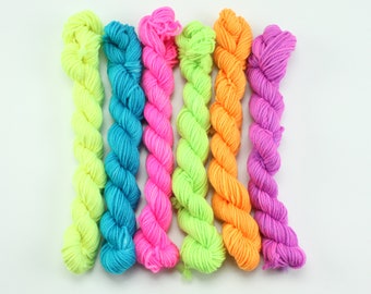 Mini Skeins Hand Dyed Yarn, Sock Weight, DK Weight, SW Merino Wool, Fingering Knitting, Crochet Yarn, Neon Rainbow
