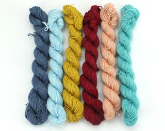 May include: Six skeins of yarn in different colors: blue, light blue, yellow, red, peach, and teal.